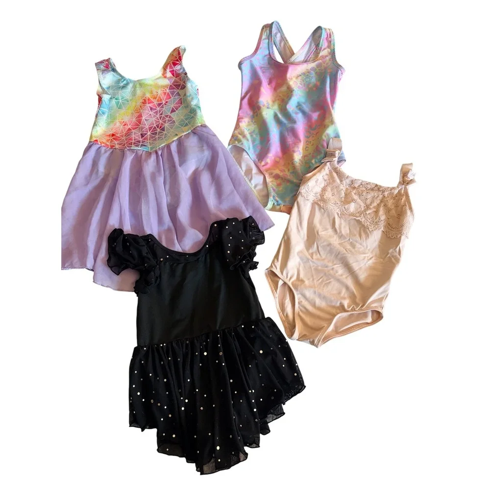 Little Girls Dance Play Leotards Tutus 3-4T Rainbow Pink Black Sparkle, Set of 4
